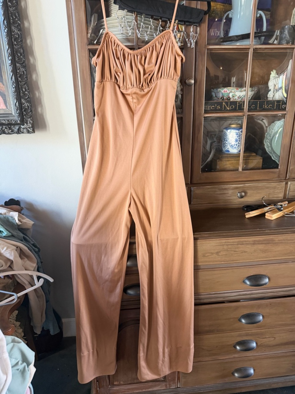 Women's Tan Wide-Leg Jumpsuit with Ruched Bodice